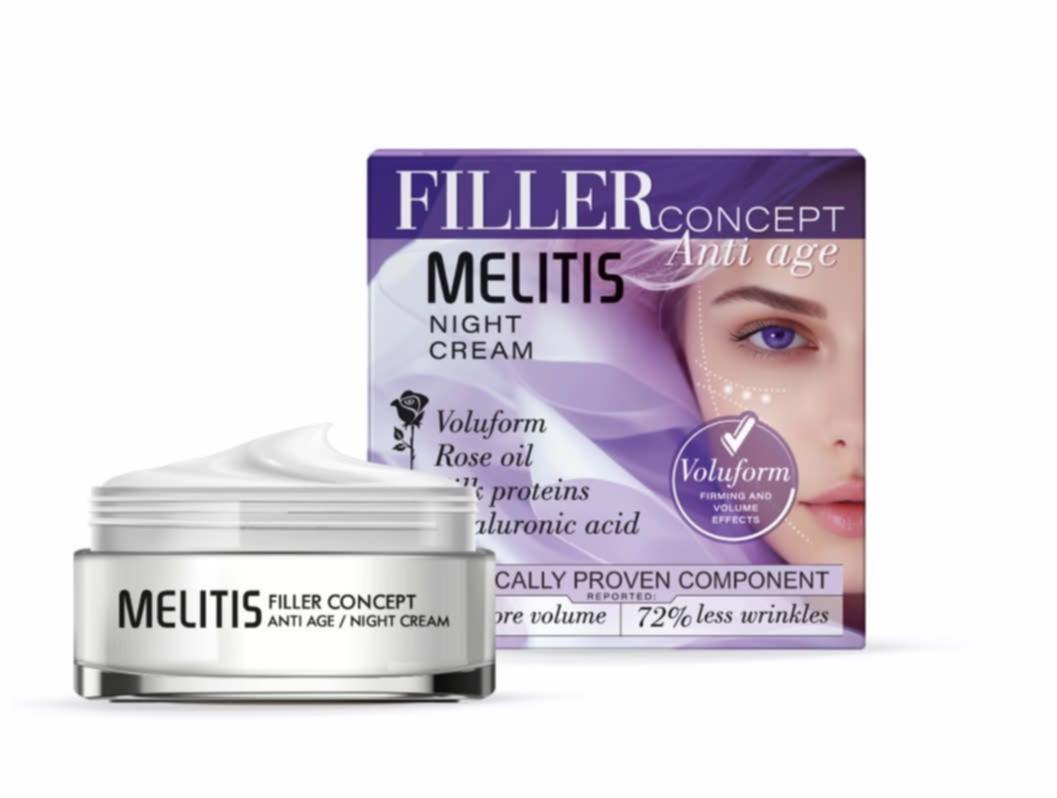 Anti-Age Нощен крем за лице “Melitis Filler Concept” с Voluform, хиалуронова киселина, копринени протеини и розово масло