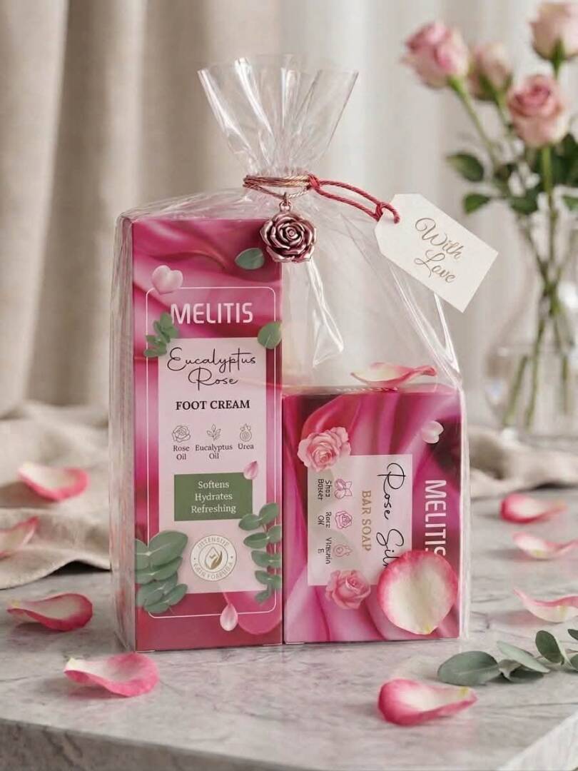 MELITIS Gift Set – Eucalyptus Rose Foot Cream & Rose Silk Bar Soap