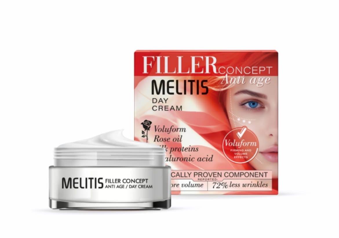 Anti-age Дневен крем за лице “Melitis Filler Concept” с Voluform, хиалуронова киселина, копринени протеини и розово масло